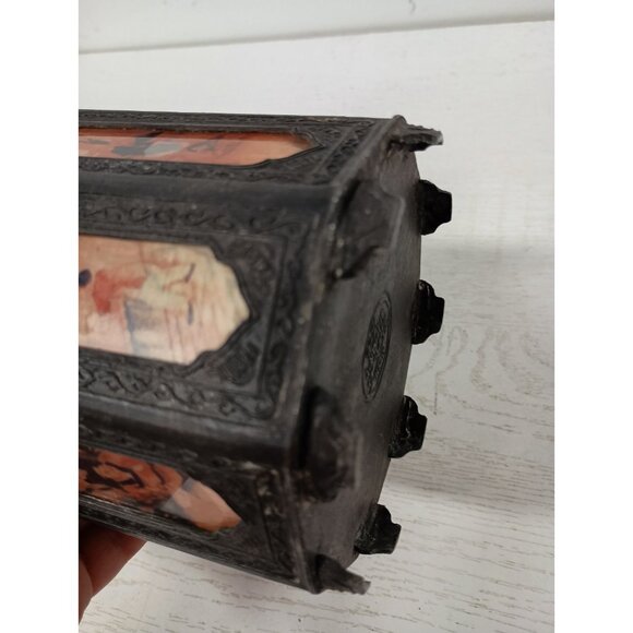 Antique 19th Century Chinese Pewter Tea Caddy Octagonal Painted Glass Panels - Picture 8 of 10
